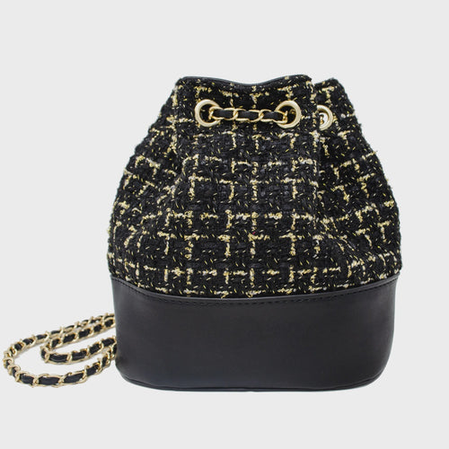 Tweed Drawstring Backpack Bag-Black/Gold