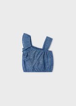Load image into Gallery viewer, Asymmetric Ruffle Chambray Blouse