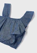 Load image into Gallery viewer, Asymmetric Ruffle Chambray Blouse