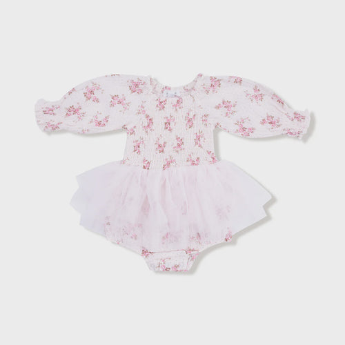 L/S Smocked Bubble W/ Tutu- Belle Rosette Dot