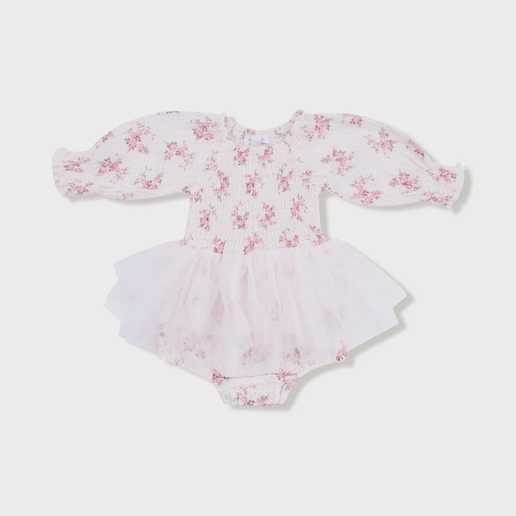 L/S Smocked Bubble W/ Tutu- Belle Rosette Dot
