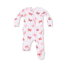 Load image into Gallery viewer, 2 Way Zip Ruffle Footie- Candy Cane Bows