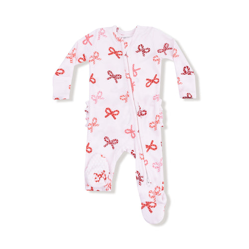 2 Way Zip Ruffle Footie- Candy Cane Bows