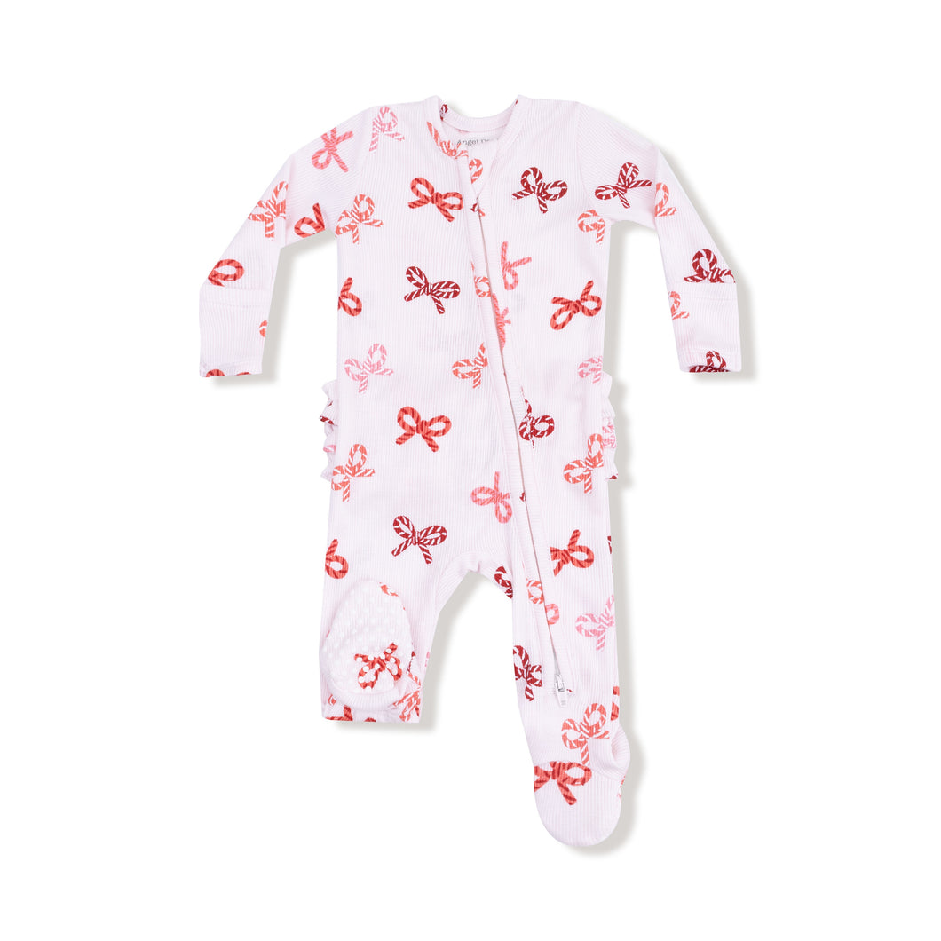 2 Way Zip Ruffle Footie- Candy Cane Bows