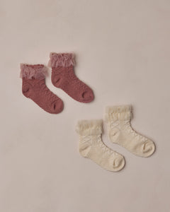 Ruffle Socks- Ivory/Raspberry