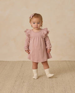 Long Sleeve Flutter Dress- Rose