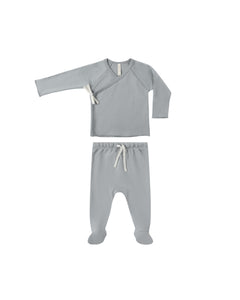 Wrap Top + Footed Pant Set- Steel Blue