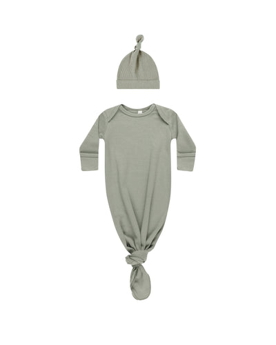 Knotted Baby Gown & Hat Set- Basil