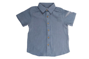 S/S Gauze Button Down Top- Dusty Blue