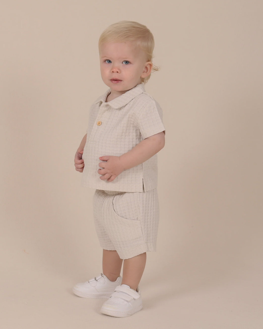 Waffle Polo Top- Grey