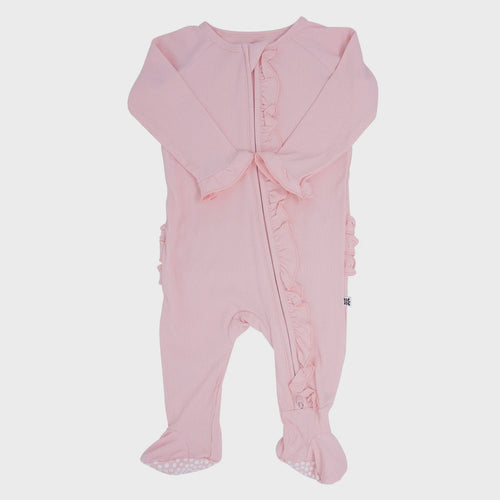 Ribbed Ruffle Footie- Perfect Pink