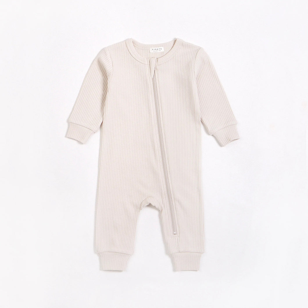 L/S Ribbed Zip Coverall- Beige