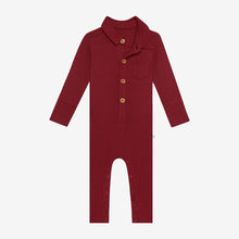 Load image into Gallery viewer, Posh Peanut L/S Collared Henley Romper- Maroon Waffle