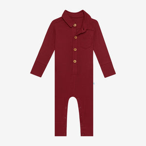 Posh Peanut L/S Collared Henley Romper- Maroon Waffle