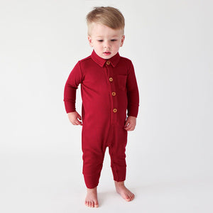 Posh Peanut L/S Collared Henley Romper- Maroon Waffle