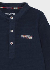 L/S Mao Collar Plaid Detail Shirt